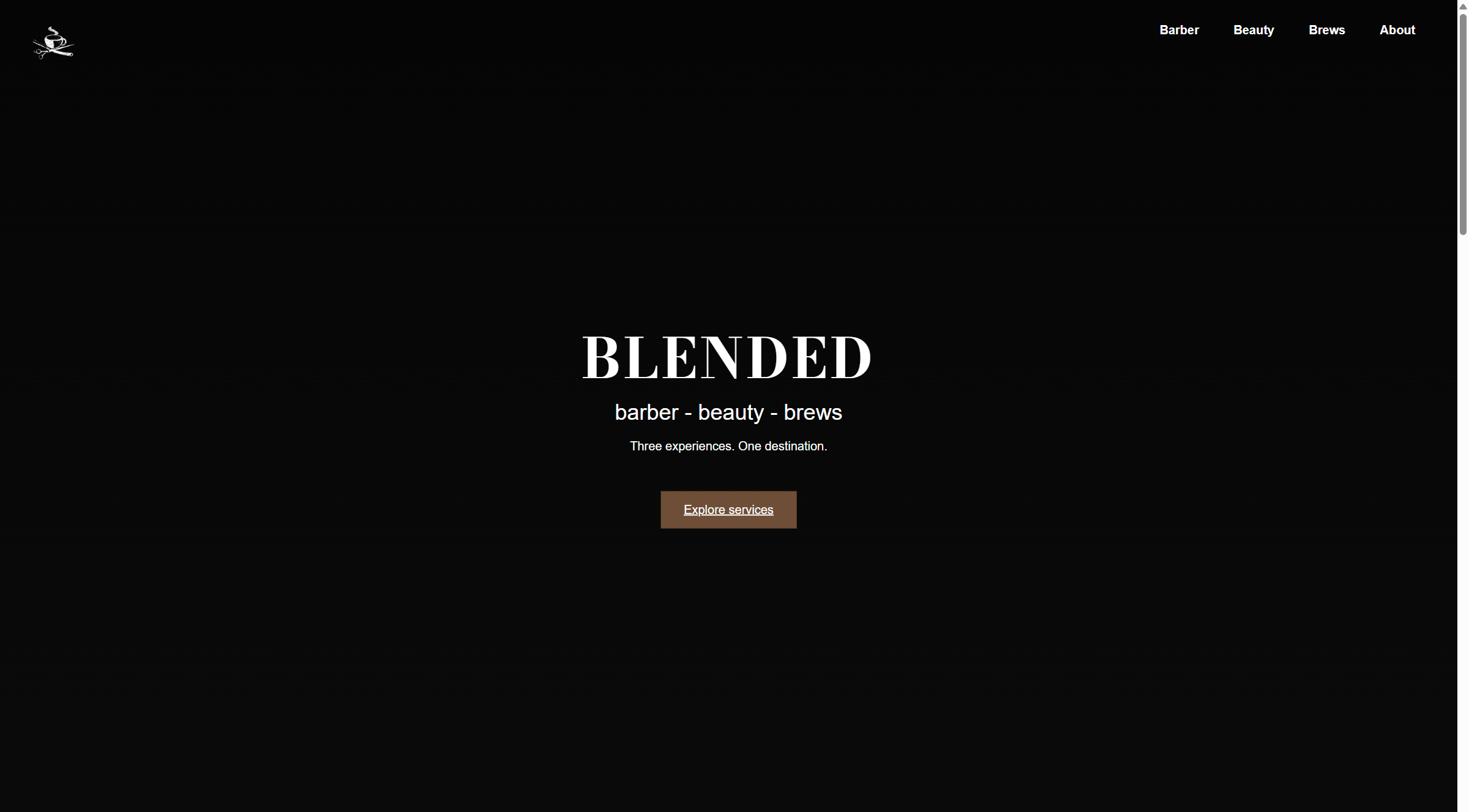 Concept homepage for Blended Barber, Beauty & Brews, with a dark hero and explore-services button.