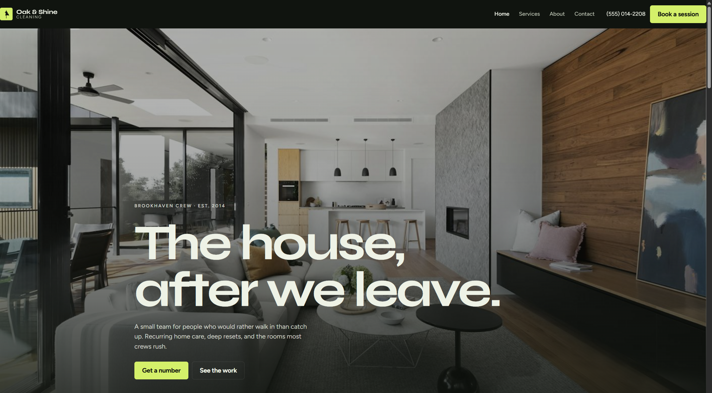 Concept homepage for Oak & Shine Cleaning, with a sunlit interior hero and lime-green booking buttons.