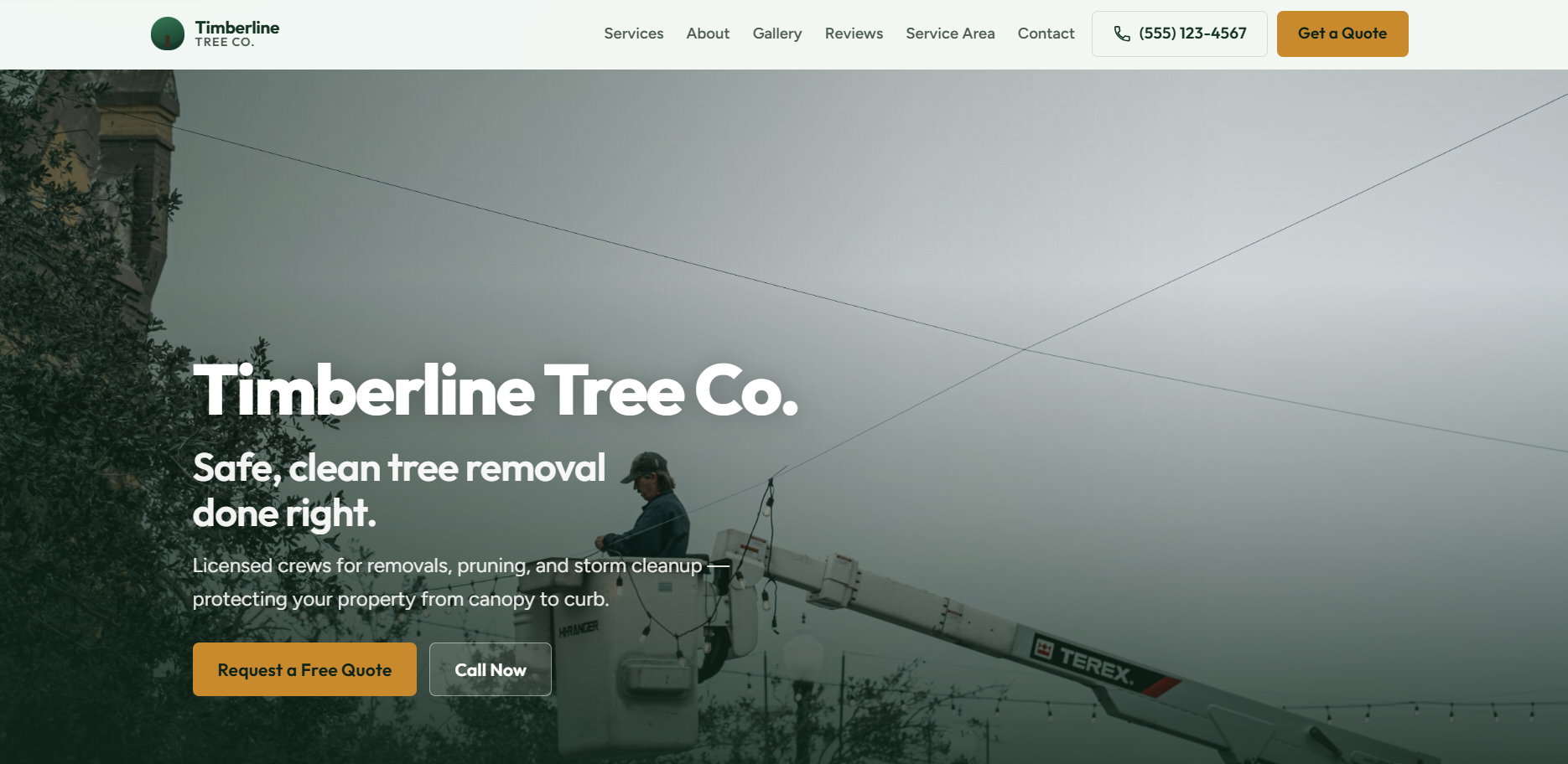 Concept homepage for a tree service website, with a foggy job-site hero and quote call-to-action.